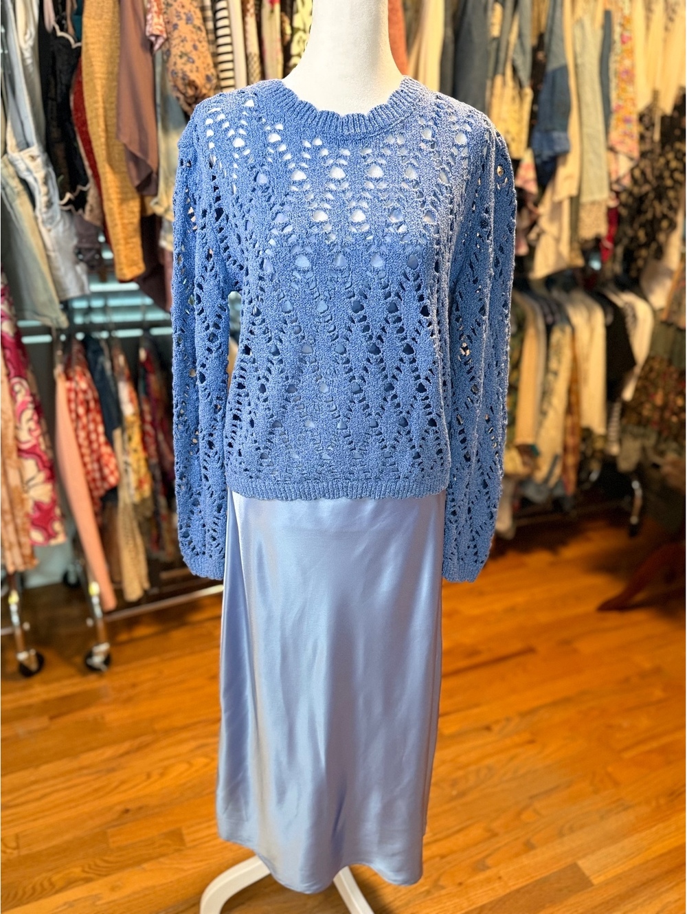 CURRENT AIR Cloudy Blue Satin Midi Dress Pointelle Sweater 2 Piece Set NWT Small